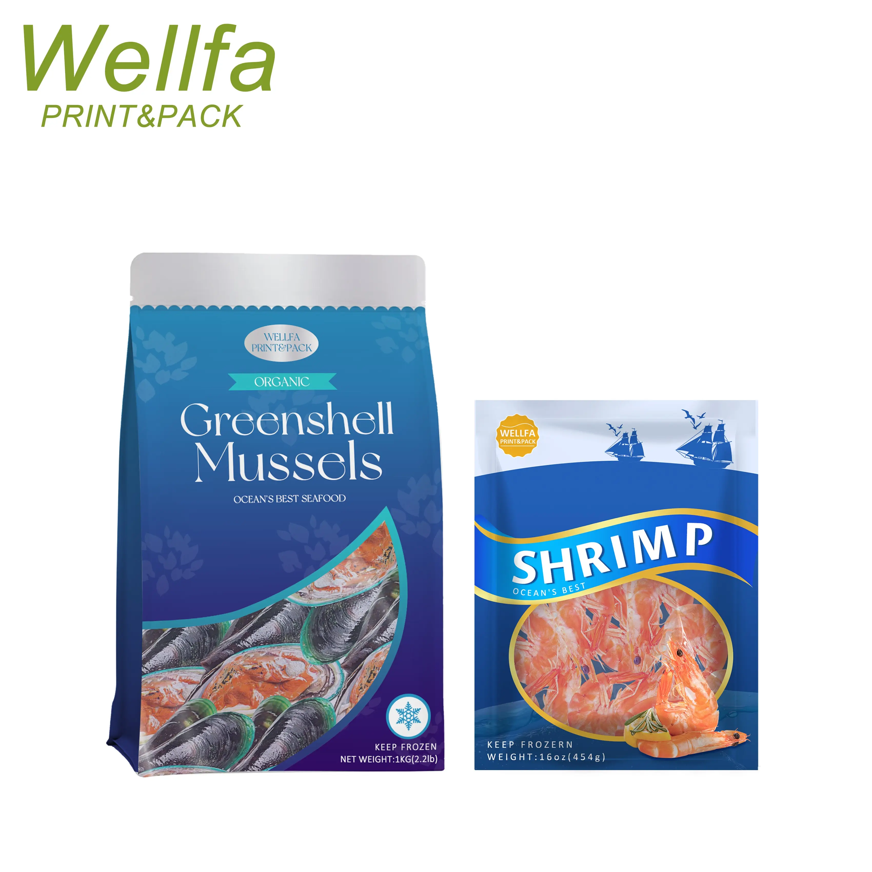 Produit congelé en plastique personnalisé Pochette à fermeture éclair Sac d'emballage d'aliments surgelés de fruits de mer Moules thon Crevettes Emballage de poisson congelé