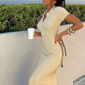 Abito Lungo Casual da Donna Enyami Streetwear, Aderente con Schiena Scoperta e Lacci, Lavorazione a Maglia, Colore Beige - Product Image 2