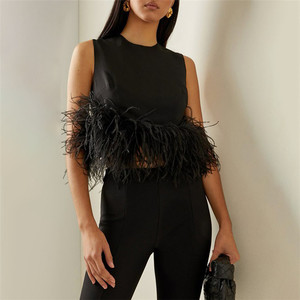 <span class=keywords><strong>Chaleco</strong></span> de <span class=keywords><strong>mujer</strong></span> estilo Hepburn, pluma de avestruz sintética de verano, cuello redondo recortado, ropa de abrigo corta de Color sólido, Top - Product Image 1
