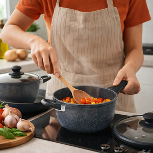 Modern 9-Piece Ceramic Non-Stick Cookware Set Navy Blue Pots <b>Pans</b> Glass <b>Lids</b> Plastic Handles Induction Compatible - Product Image 5