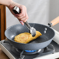 Batterie de cuisine domestique en acier inoxydable avec manche en bois poêle à frire antiadhésive et wok à fond plat pour le camping et la cuisine domestique