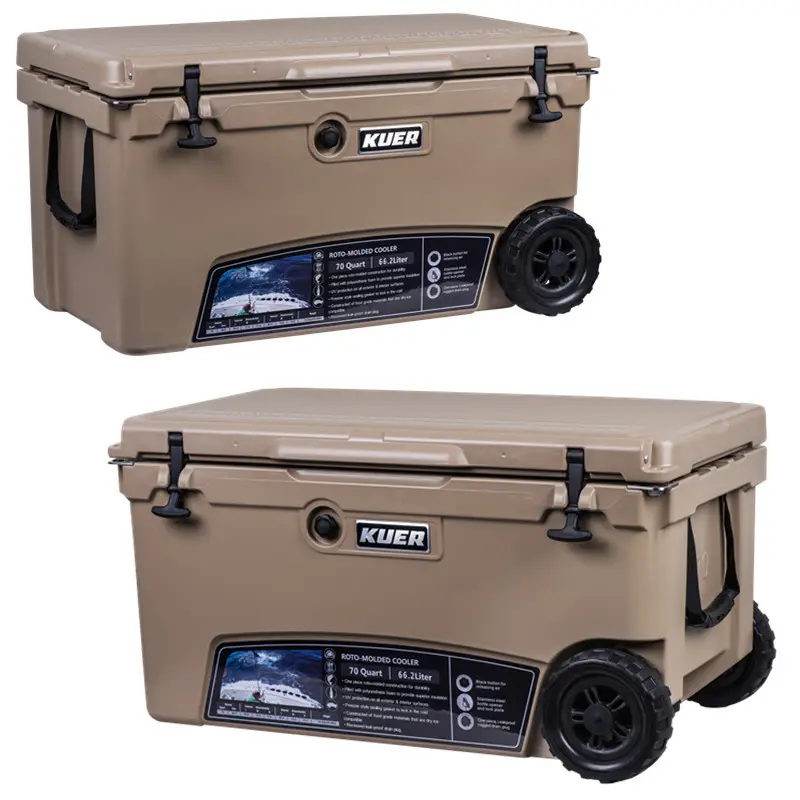 Top selling large size 70QT wheeled ice chest fishing cooler box large size Rotomolded Ice chest box coolers with wheels