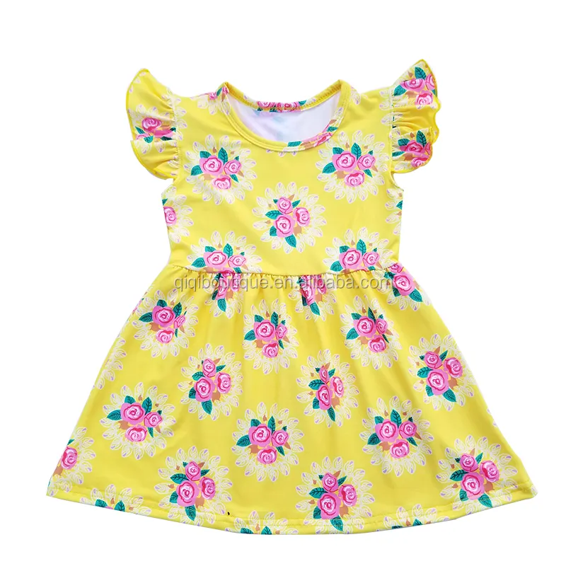 Nice Yellow Color Dress For Cute Girls Floral Pattern Children Clothings