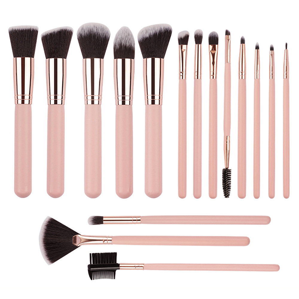 Ensemble de pinceaux de maquillage roses de 16 pièces [Version améliorée avec manche en bois]