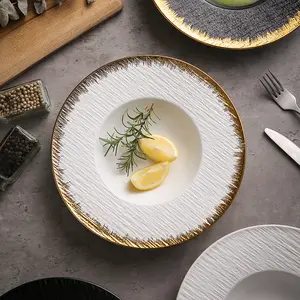 Nordic Light Luxury Rock Texture Porcelain Round Plate With Gold Rim Mate Hat Shape Deep Soup Plates For Home Restaurant Use