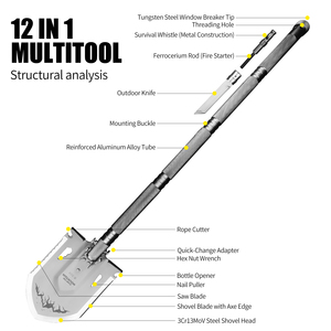 Xhandle MT-20 <span class=keywords><strong>พลั่ว</strong></span>อเนกประสงค์อุตสาหกรรม 12-in-1 หัวเหล็ก 3Cr13MoV พับได้ ใช้สำหรับตั้งแคมป์ เอาตัวรอด ขุดดิน พร้อมใบมีดขวานสำหรับจุดไฟ - Product Image 2