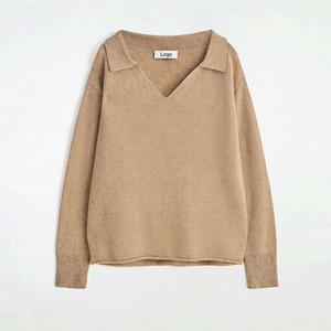 Suéter de Punto con Cuello Polo y Cuello en V para Mujer, Color Sólido, Manga Larga, Holgado, de Lana Acrílica, Personalizable con Logotipo OEM - Product Image 1
