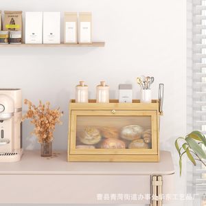 Caja de pan de bambú para encimera de cocina con tapa, organizador de madera maciza para postres y condimentos - Product Image 4