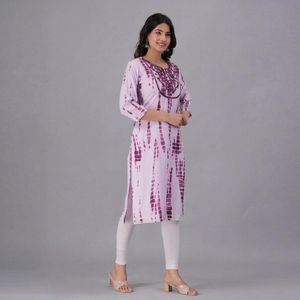 Women Purple Tie Dye Printed <b>Kurti</b> with , 3/4 Sleeves Embroidery Casual Ethnic Wear Straight Kurta for Daily Wear . - Product Image 1