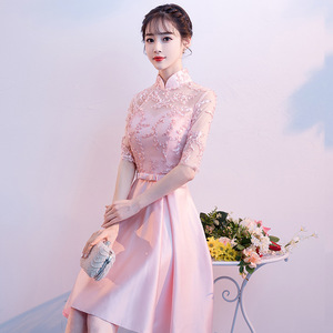 Pink Chinese Style Evening Dress Women Short Formal Banquet Dress With Zipper Polyester Fiber - Product Image 2