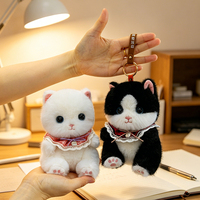 Porte-clés personnalisé OEM en forme de chat en peluche avec sangle en cuir et logo, mascotte sur mesure pour articles promotionnels de marque