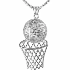 Hadiah Penggemar Olahraga Memasukkan Keranjang Slam Dunk Bijoux Kotak Baja Tahan Karat Rantai Rajutan Bola Basket Bertekstur Bentuk Ring Liontin Kalung