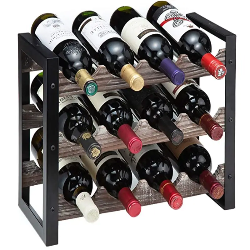 Rustic Wine Rackอิสระชั้น3ชั้นวางจอแสดงผลสำหรับCounter-Top 12แก้วขวดชั้นวางของ