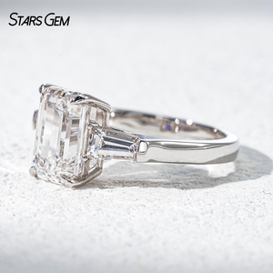 Bague Starsgem 3.8CTW à trois pierres, or massif 10K, diamant de laboratoire taille émeraude, bagues de fiançailles - Product Image 3