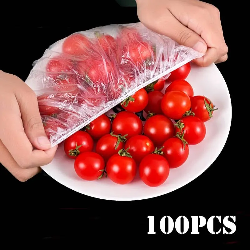 100PCS Disposable Food Cover Plastic Wrap Elastic Food Lids For Fruit Bowls Cups Caps Storage Kitchen Fresh Keeping Saver Bag