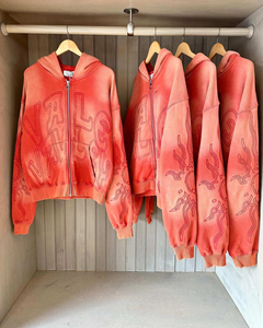 Kustom matahari pudar dicuci katun berat pakaian pria ukuran besar kotak cocok robek bordir tambalan celana olahraga dan Set Hoodie - Product Image 3
