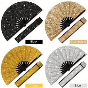 Éventail Pliant en Bambou Écologique 33 cm, Motif Artisanal Musical, Finition Pailletée Argent et Noir, avec Étui en Tissu Peint – Grande Vente - Product Image 2