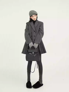Abito da donna grigio con risvolto <span class=keywords><strong>e</strong></span> maniche lunghe, autunno <span class=keywords><strong>e</strong></span> inverno, stile coreano, gonna corta in lana ampia - Product Image 2