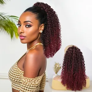 Mesin keriting ikal Burgundy Ombre panjang kualitas tinggi kuat buatan Updo sintetis tali serut Afro ekor kuda