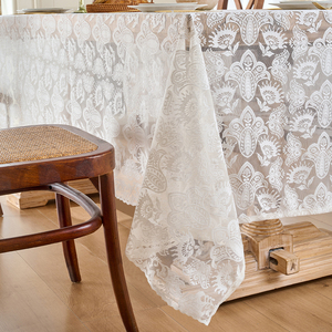 White Rectangle Tablecloth with Floral Embroidered Lace Overlay Vintage Banquet Printed Striped <strong>Paper</strong> <strong>Table</strong> <strong>Cover</strong> - Product Image 3