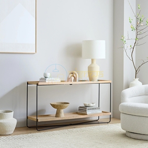 Table console Nova à deux niveaux en bois et métal, table de canapé moderne à cadre ouvert avec pieds en fer et étagère de rangement, meuble de rangement moderne pour entrée - Product Image 1