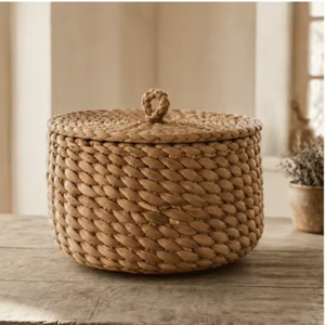Handwoven Water Hyacinth <b>Storage</b> Basket with Lid Round Wicker Organizer Bin for Home <b>Organization</b> <b>Laundry</b> <b>Storage</b> - Product Image 1
