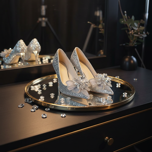 Chaussures de fée françaises à talons aiguilles, ornées de cristaux et de sequins argentés - Product Image 2