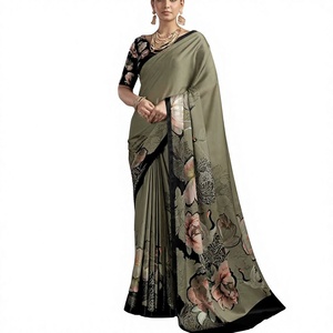 Sari indien prêt-à-porter RN à imprimé floral traditionnel, en crêpe de soie, avec chemisier cousu, séchage rapide, motif numérique, pour soirée - Product Image 1