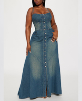 Robe longue en jean délavé teinté pour femme, style bustier boutonné, avec fente haute, Vêtements pour femme, Vente en gros, Vêtements rétro