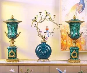 <span class=keywords><strong>Vaso</strong></span> di Fiori in <span class=keywords><strong>Ceramica</strong></span> e Bronzo <span class=keywords><strong>Verde</strong></span> Scuro di Alta Qualità, Stile Francese di Lusso, Antico e Fatto a Mano con Motivo di Uccello - Product Image 3