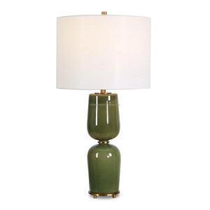 Lámpara de Mesa Moderna con Base de Cristal y Florero de Cerámica Verde Oliva Brillante |   Iluminación Elegante y Tranquila para Habitaciones de Hotel y Salas de Estar - Product Image 5