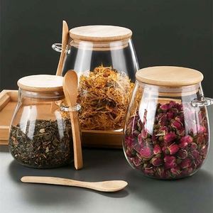 Food Container Glass Customized Food Storage Container With Spoon Kitchen Glass <b>Jar</b> Glass <b>Spice</b> <b>Jar</b> Bamboo Wooden Lid - Product Image 4