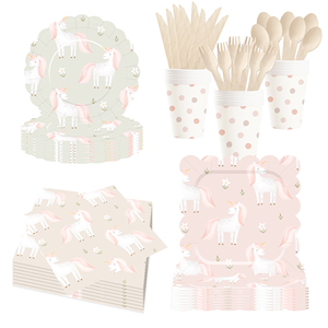 Assiettes en papier, gobelets en papier et serviettes DAMAI à pois roses licorne pour fête d'anniversaire d'enfants, baby shower, ensemble de vaisselle jetable en papier - Product Image 6