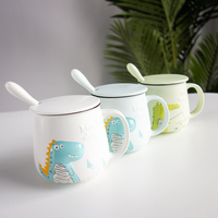 Mug à café en céramique mignon Mr Dinosaur Crocodile Cartoon avec cuillère et couvercle, tasse à boire en porcelaine, tasse à café, thé au lait