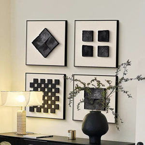 Pintura abstracta geométrica moderna minimalista en blanco y negro, cuadro cuadrado con marco de aleación de aluminio, arte de pared en lienzo con acabado en óleo para sala de estar - Product Image 2