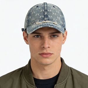 Cappellino da Baseball Classico in Jeans Blu Effetto Usurato con Ricamo a Patch Monocromatico a Fiocco Disperso e Strass - Product Image 2