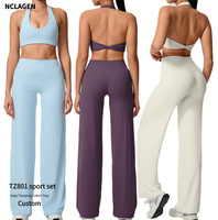 Ensemble de tenue de sport pour femme NCLAGEN : pantalon taille haute coupe droite effet galbant et brassière de sport dos torsadé à col halter – Ensemble de yoga 2 pièces
