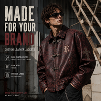 Blouson universitaire OEM en cuir craquelé bordeaux pour homme, avec boucle à crochet métallique, broderie gothique, style motard et de course