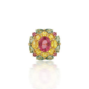New Top selling 18K Yellow <b>Gold</b> Pink Tourmaline & Multi-Sapphire <b>Cocktail</b> <b>Ring</b> Elevate your style with this vibrant MultiStone - Product Image 5