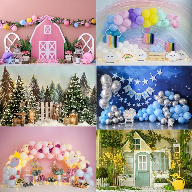 Polyester Photography Background Birthday Cake Balloon Decor Photo Backdrops for Studio Newborn Kids Photographic Props