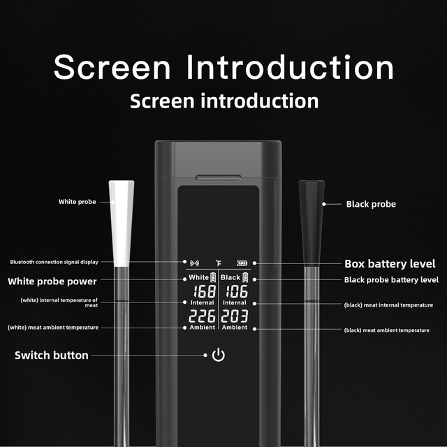 Smart Digital Bluetooth Wireless Dual Needle Electronic Thermometer 304 Stainless Steel -10C 100C Range for BBQ Kitchen Oven