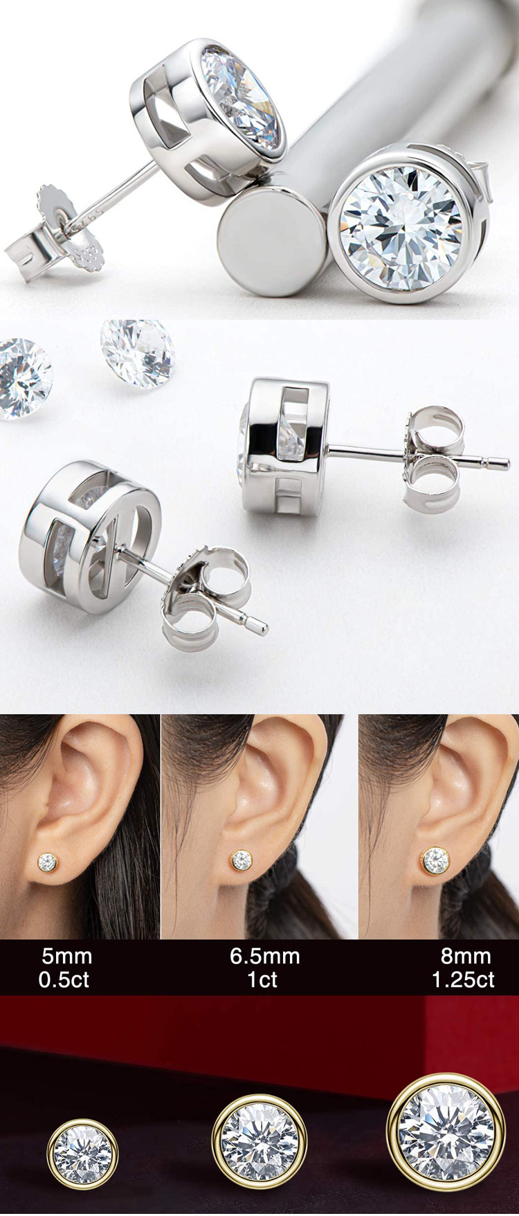 fashion earrings stud bezel setting custom 925 sterling silver round cubic zirconia stud earring
