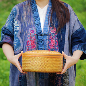 <b>Bamboo</b> Woven Storage Box Round Double Tier Handmade Kitchen Food <b>Container</b> - Product Image 3