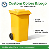 Conteneur à déchets mobile en HDPE vierge de 240 L, norme EN840, avec logo personnalisé, pour extérieur – Vente chaude