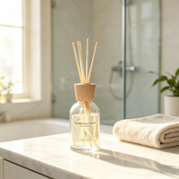 Diffuseur à bâtonnets 200 ml en verre avec fond épais, design coloré, sérigraphie et bouchon estampé à chaud, et bâtonnets en fibre
