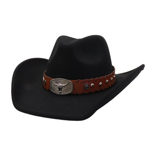 Grosir baru topi koboi Felt Barat kasual pesta topi anak sapi Fedora untuk pria dengan pita kepala sapi logam coklat yang dapat dilepas - Product Image 1
