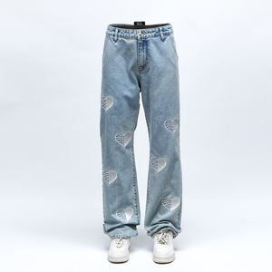 Customizable High Quality Streetwear <strong>Jeans</strong> with Heart Embroidery, Loose Straight Leg <strong>Denim</strong> Pants for Men &amp; Women - Product Image 1