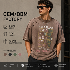 โรงงาน OEM ODM รับผลิตเสื้อยืดโอเวอร์ไซส์แบบมินเนอรัลวอช แต่งหมุดและดีเทลขาดๆ  ผ้าโพลีเอสเตอร์คอตตอน 270gsm ลายโมเสกสไตล์อเมริกันตะวันตก - Product Image 1