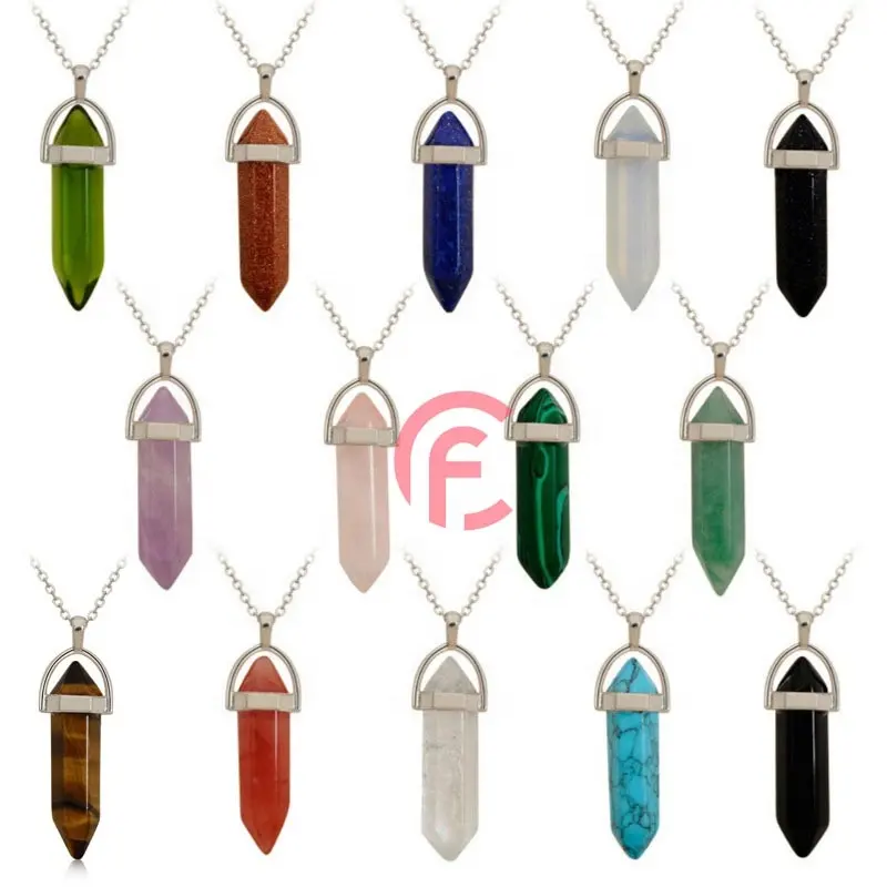 Wholesale Natural Stone Amethyst Rose Quartz Crystal Bullet Hexagonal Pendulum Pendant Necklace DIY Gemstone Crystal Jewelry