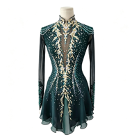 Robe de patinage artistique vert foncé à col montant, manches longues en résille, costume de compétition orné de strass, personnalisable pour enfants, adolescents et adultes, OEM